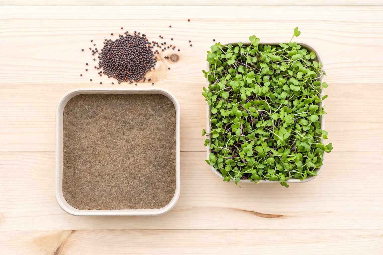 Overhead view of microgreens growing supplies and a sprouted tray