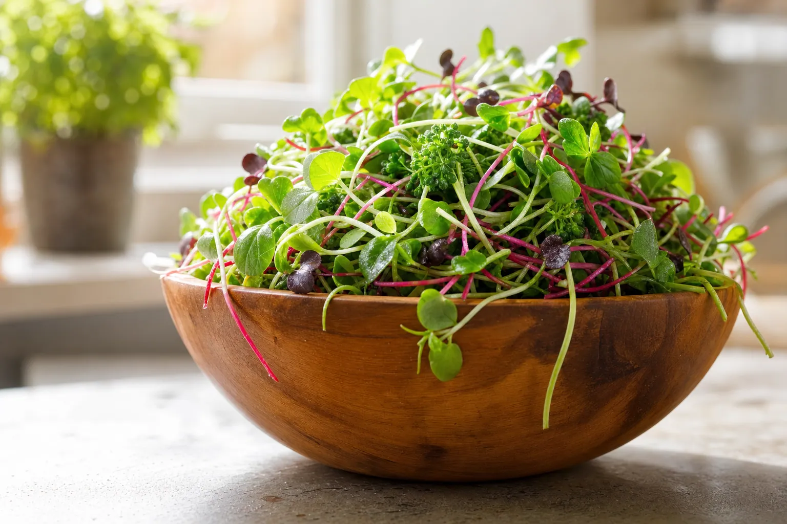 A wooden bowl of fresh microgreens illustrating microgreens nutrition and density