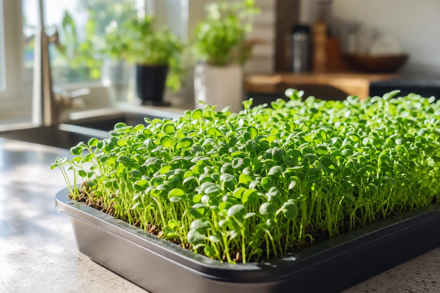 Trays of fresh microgreens on a kitchen counter showing what are microgreens up close